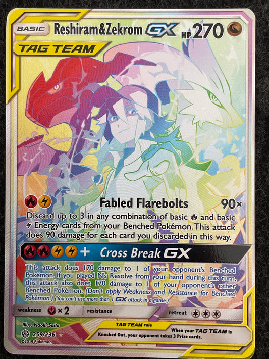 2019 Pokemon SM Cosmic Eclipse 259/236 Reshiram & Zekrom GX