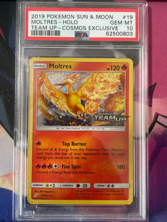 2019 Pokemon SM Team Up 19/181 Moltres Holo Prerelease PSA 10