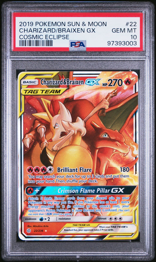 2019 Pokemon SM Cosmic Eclipse 22/236 Charizard & Braixen GX PSA 10