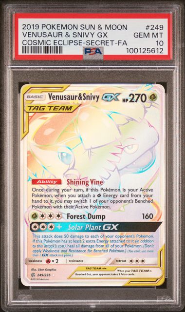 2019 Pokemon SM Cosmic Eclipse 249/236 Venusaur & Snivy GX PSA 10