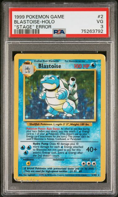 1999 Pokemon Game WotC Base Set 2/102 Blastoise "STAGE" error PSA 3